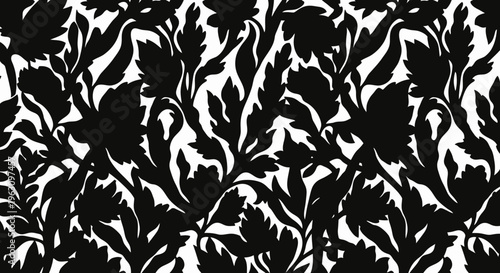 Monochromatic floral pattern with intricate botanical silhouettes.