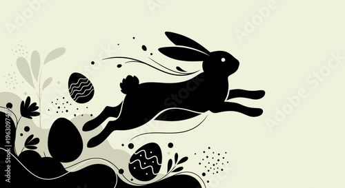 Dynamic black silhouette of a leaping rabbit, capturing motion and energy.