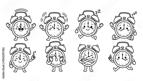 Cute alarm clock character set with various emotions and actions for time management and morning routine concepts