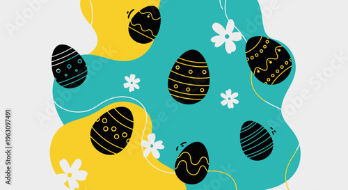 Easter eggs with intricate patterns and delicate flowers on a vibrant background.