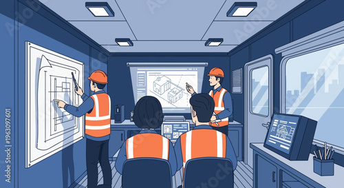 Engineers in control room working together.