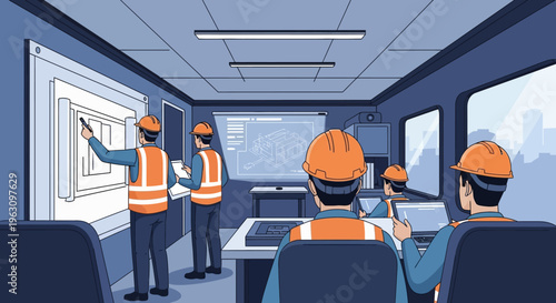 Engineers in control room working.