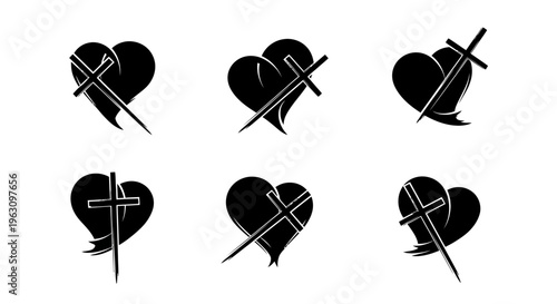 Set of six black heart and cross symbols representing faith and love.