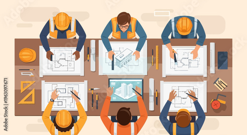 Engineers working on construction plans together.