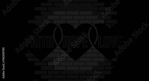 Three hearts with text inside on a dark background.