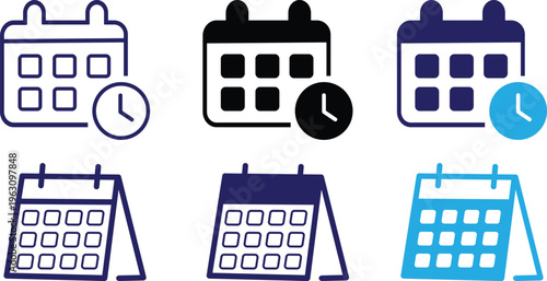 Set of calendar icons with clock and desk calendar designs in various styles and colors