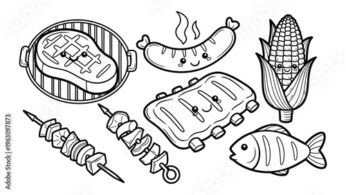 Kawaii BBQ food collection with cute faces for coloring book and summer grilling party design