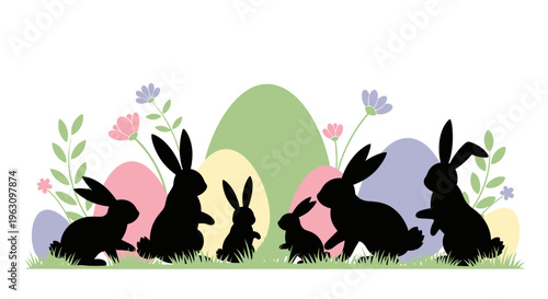 Silhouettes of Easter bunnies and their young in a festive spring setting.