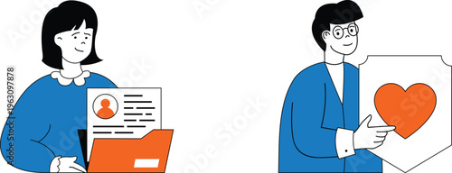 Two people exchanging documents and a heart symbol to represent trust and professional relationships in business setting