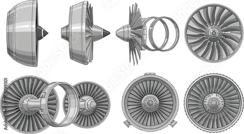 Jet engine turbine fan blades and aircraft motor components set with detailed mechanical parts for aerospace engineering vector illustration
