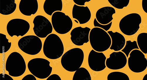 Black silhouettes of eggs scattered on a vibrant orange background.