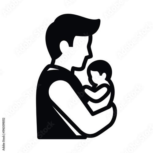 Black and white graphic illustration of a father gently holding his newborn baby in his arms, depicting paternal care and bonding.