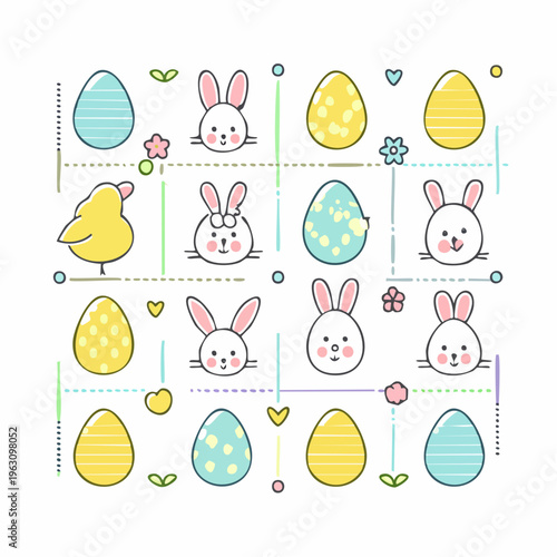 Vibrant and cheerful hand-drawn Easter set with cute bunnies, patterned eggs, and a little chick, perfect for spring holiday greetings and decorations, illustrating the joyful spirit of the season