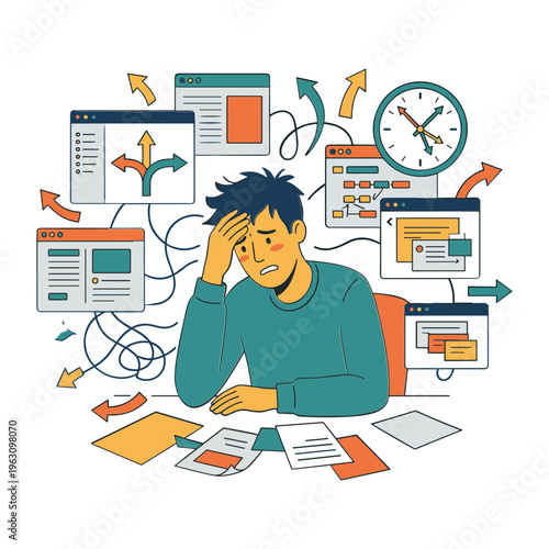 Man overwhelmed by multiple browser windows and papers at his desk