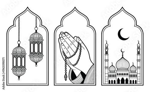 Islamic Lanterns, Prayer Hands with Beads, and Mosque with Crescent Moon