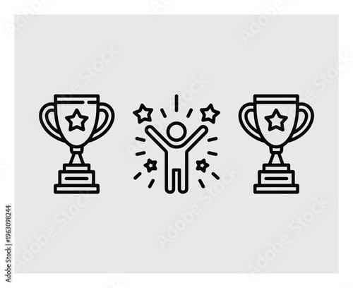 Of a person celebrating with trophies and stars, symbolizing achievement and success