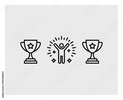 Of a triumphant person between two trophies, symbolizing success and achievement