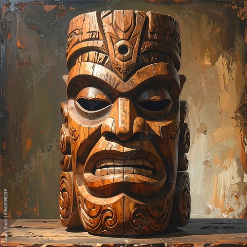 Carved wooden tiki statue with detailed features, against an aged background
