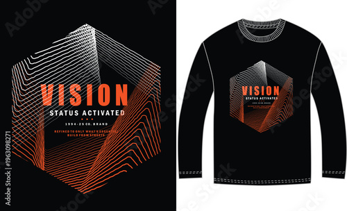 The image showcases a black long-sleeve sweatshirt with a prominent graphic design on the front. The design features a striking, abstract building with layered, illuminated lines in white and orange h