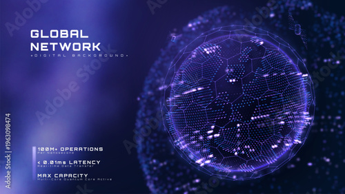Abstract futuristic technology background showing digital global network. Modern earth data connection concept featuring glowing neon hexagon grid. Vector illustration.