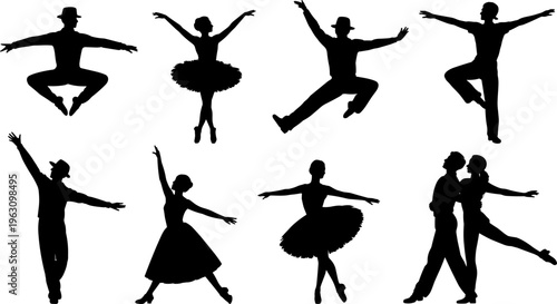 Silhouette dancers in ballet, jazz, ballroom, expressive poses, male and female figures, vector illustration, creative dance art design