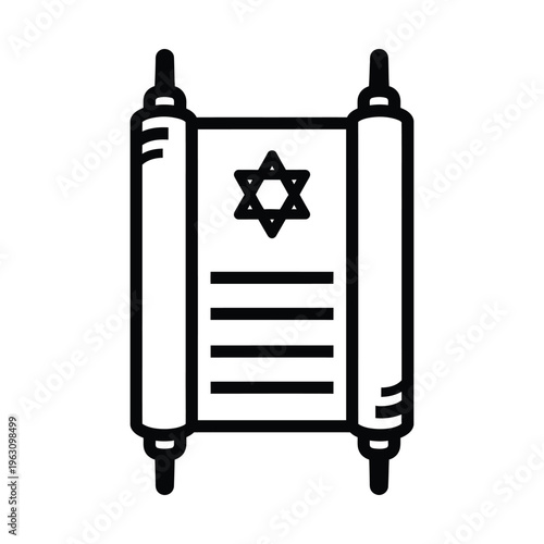 Black and white line art icon of a Torah scroll with a Star of David, symbolizing Jewish faith and tradition.