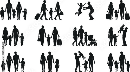 Set of Black Silhouette Vector Icons Featuring Families Traveling, Walking with Suitcases, and Pushing Strollers for Vacation and Lifestyle Design