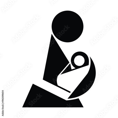 Stylized black and white icon depicting a mother cradling her baby, representing care, maternity, and family bond.