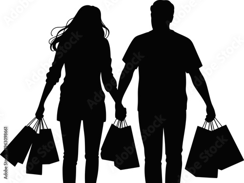 Silhouette of couple shopping together holding bags, retail consumers walking with purchases, modern lifestyle concept isolated on white background, flat vector illustration