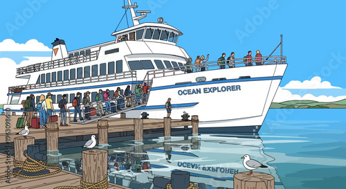 Large White Cruise Ship Docked.