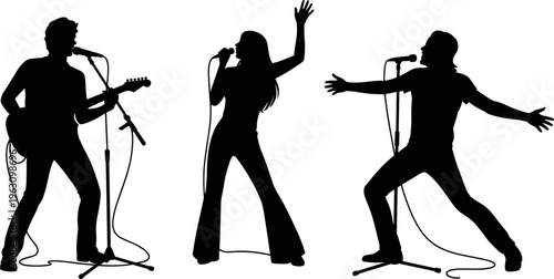 Silhouette musicians performing live concert, guitar player, singers with microphones, dynamic stage energy, vector illustration, flat design, music art