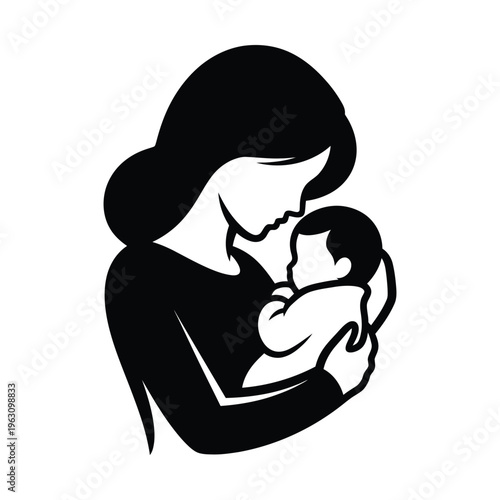 Black silhouette of a mother tenderly holding her baby, symbolizing love, care, and the unbreakable family bond.