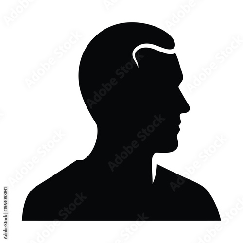 Black silhouette of a man's head and shoulders in profile, looking right, with a distinct hairline.