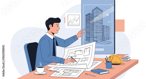 Man in blue shirt working office.