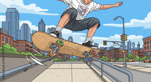 Man performing skateboard trick on rail.