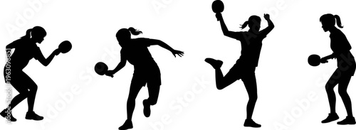 Silhouette of female handball players in action poses, athletes throwing and catching ball in dynamic sport movement isolated on white background, flat vector illustration