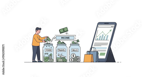 Man putting money into piggy bank.