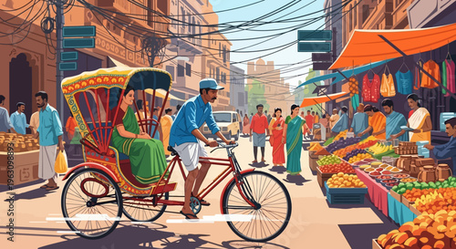 Man Riding a Rickshaw in City.