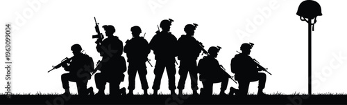Soldiers silhouette illustration military team with weapons memorial helmet tribute concept army vector isolated on white background honor and sacrifice