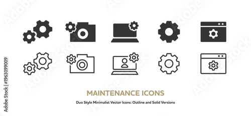 線画と塗りのベクターアイコンセット。パソコンやブラウザのメンテナンスをイメージしたベクターイラスト