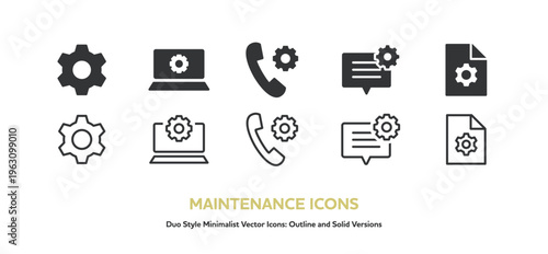 メンテナンス関連アイコン。パソコン,電話,吹き出しと歯車の線画と塗りのベクターアイコンセット