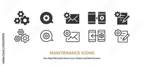 メッセージやファイルの工事中アイコンセット。チャットやメールと歯車のシンプルベクターアイコン