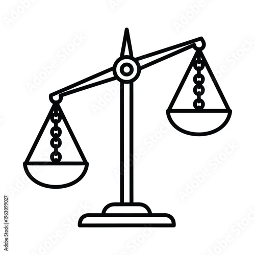 Black and white line art illustration of an unbalanced justice scale, depicting inequality or a decision in progress.