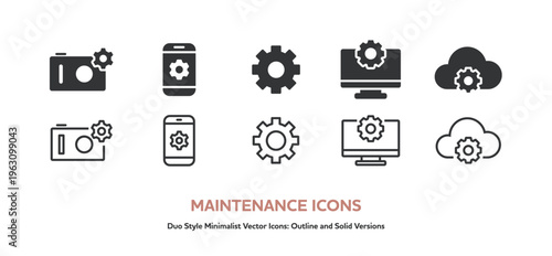 デジカメ,スマートフォン,パソコン,クラウドのメンテナンスをイメージしたアイコン。線画とシルエット