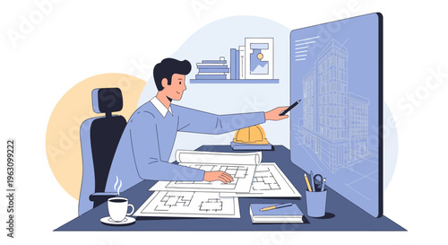 Man working at desk with papers.