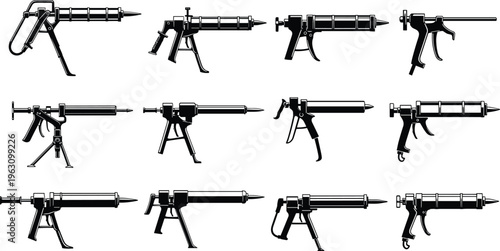 Set of professional caulking gun silhouettes for construction, DIY home repair, silicone sealant application, industrial hardware tools, and handyman equipment icons.