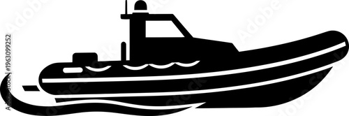 Inflatable boat, rigid hull boat with wake, side view icon. Rescue or patrol vessel concept. Simple flat style vector illustration