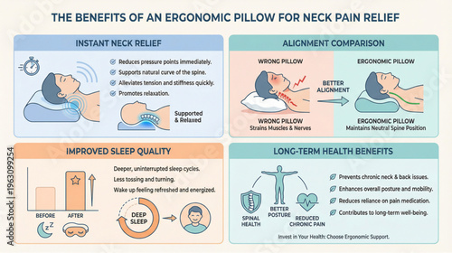 Infographic showing the benefits of an ergonomic pillow for neck pain relief, including alignment, sleep quality, and long-term health.