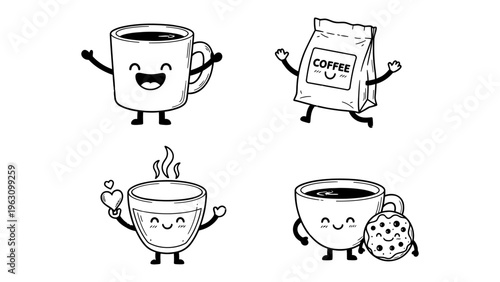 Cute coffee character doodle set featuring happy mug coffee bag and cup with cookie for cafe branding and stickers