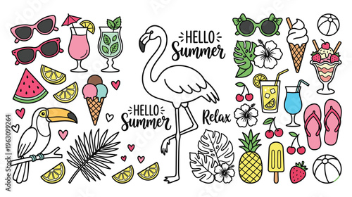 Summer vacation icons with flamingo toucan tropical leaves and drinks.